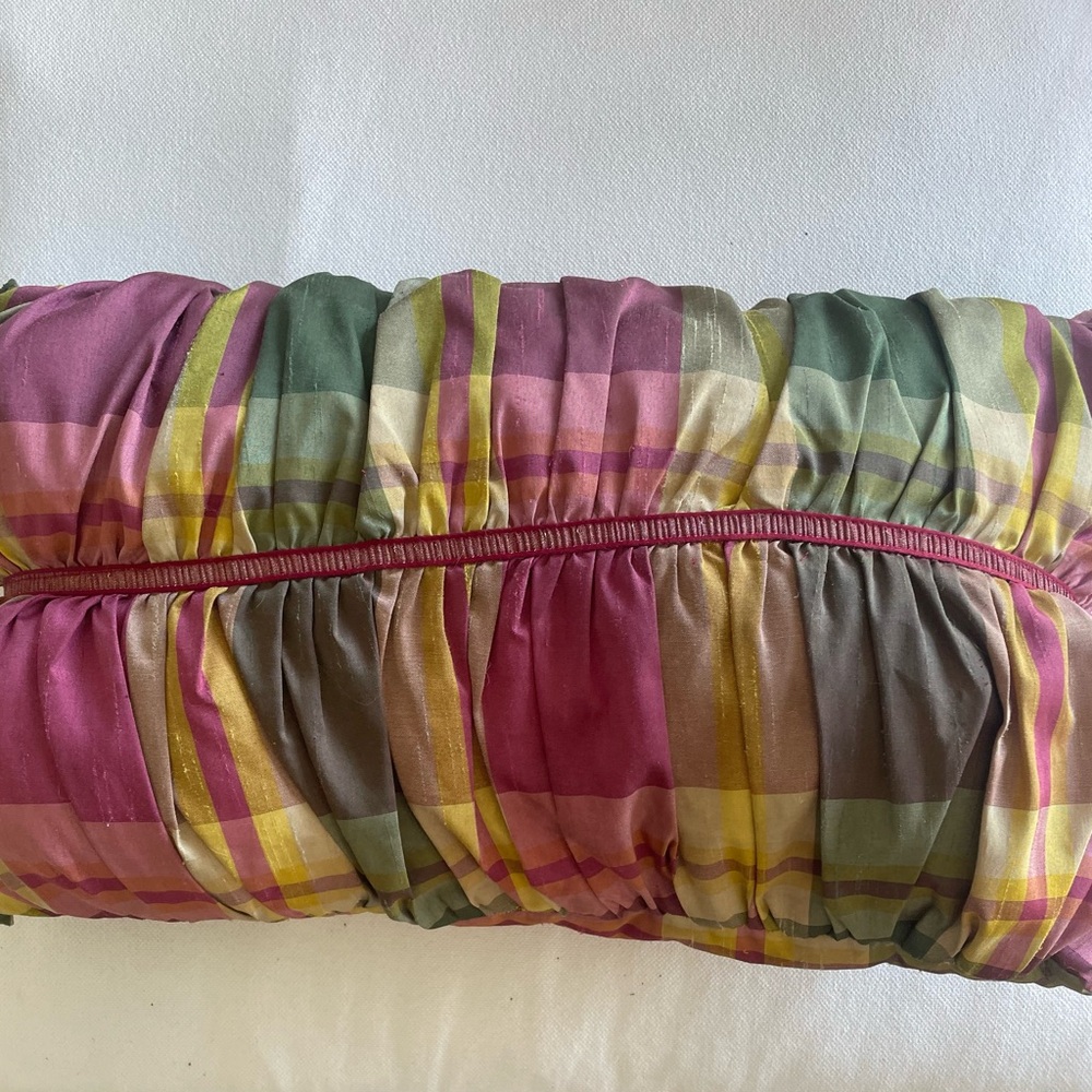 Raymond Waites Pillow Raw Silk Pink & Green Plaid Decorative Preppy - Picture 4 of 6